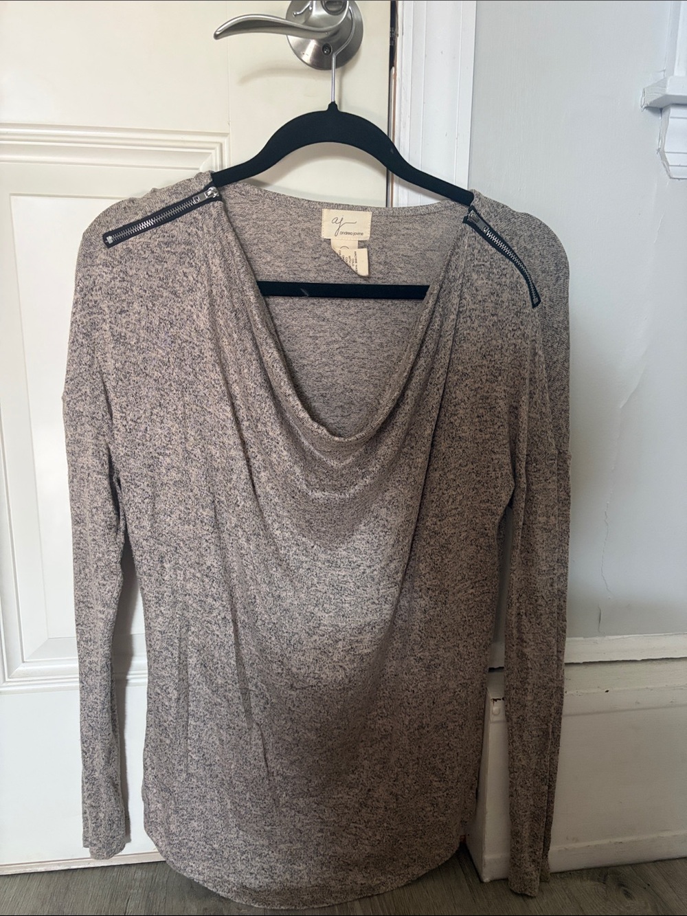 Andrea Jovine Taupe Marled Cowl Neck Sweater with Shoulder Zippers